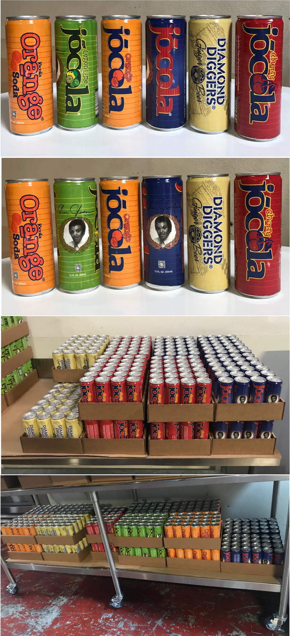 JOCOLA cans stacked on shelves, ready for distribution